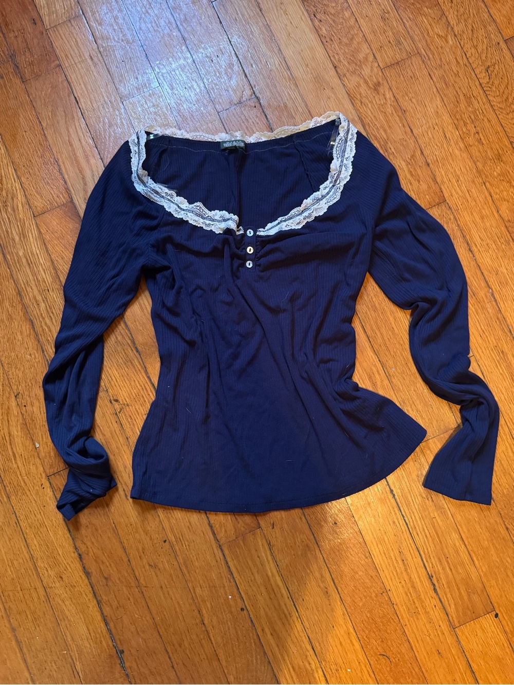 wild fable Navy Long Sleeve Henley with Cream Lace Trim